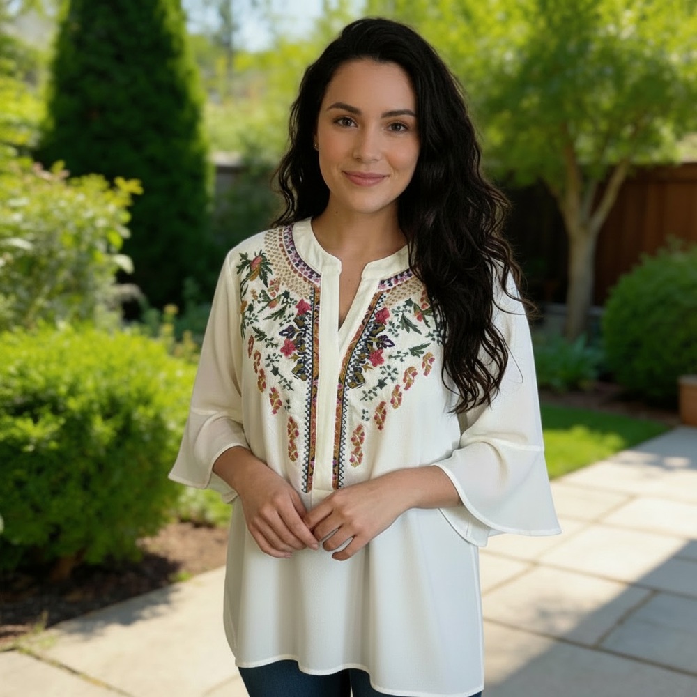 Calesaa quarter bell Sleeve white blouse floral embroidery size small v neck